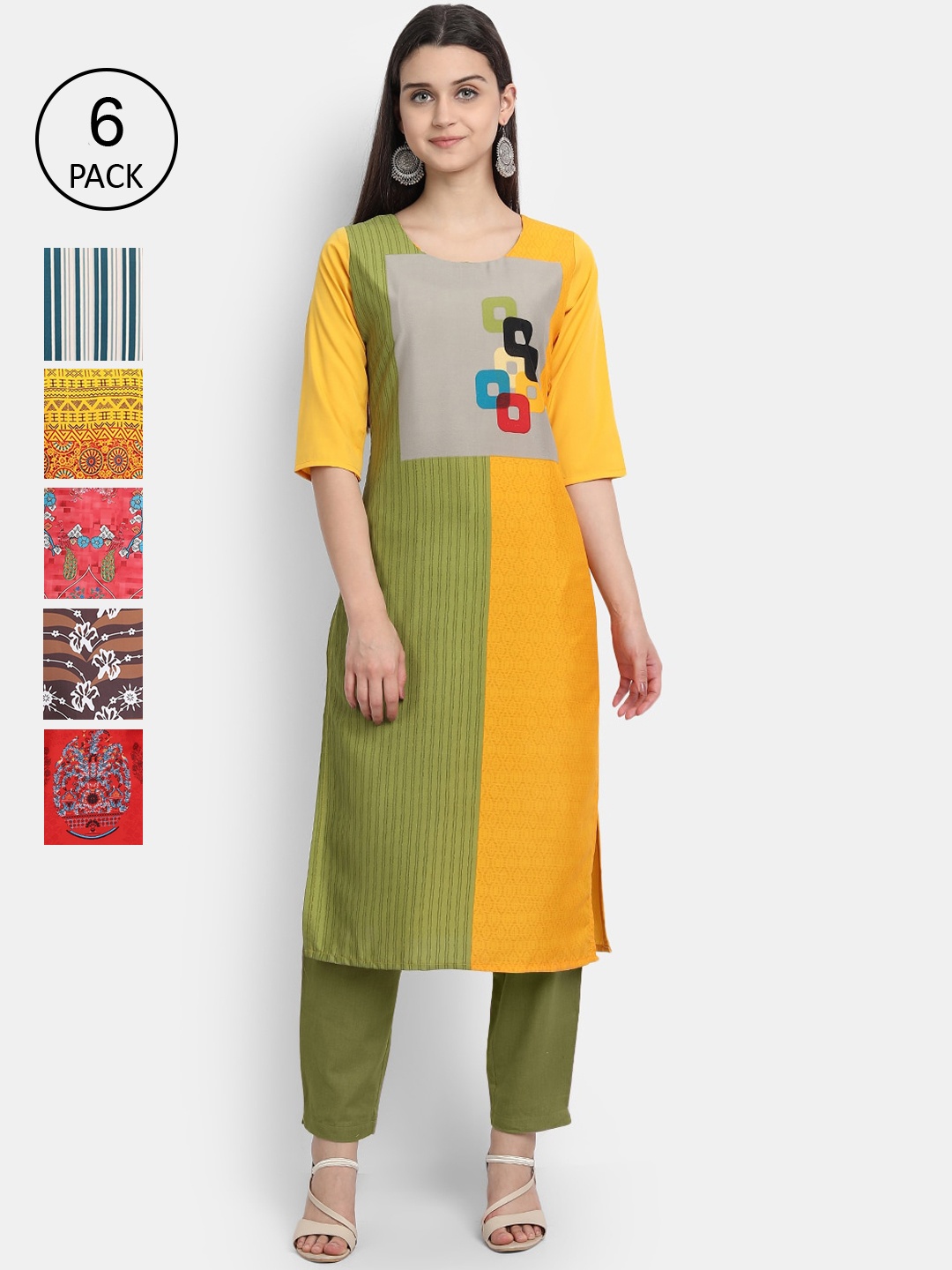 

7Threads Women Pack Of 6 Printed Crepe Kurtas, Green