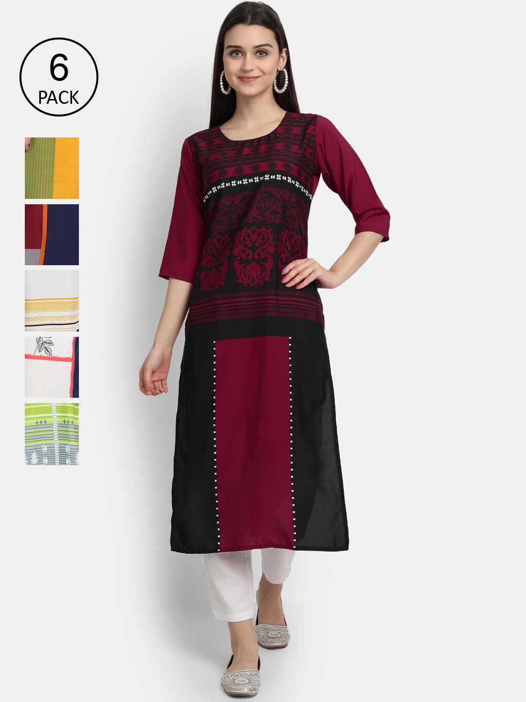 

7Threads Women Pack Of 6 Ethnic Motifs Printed Crepe Kurta, Multi