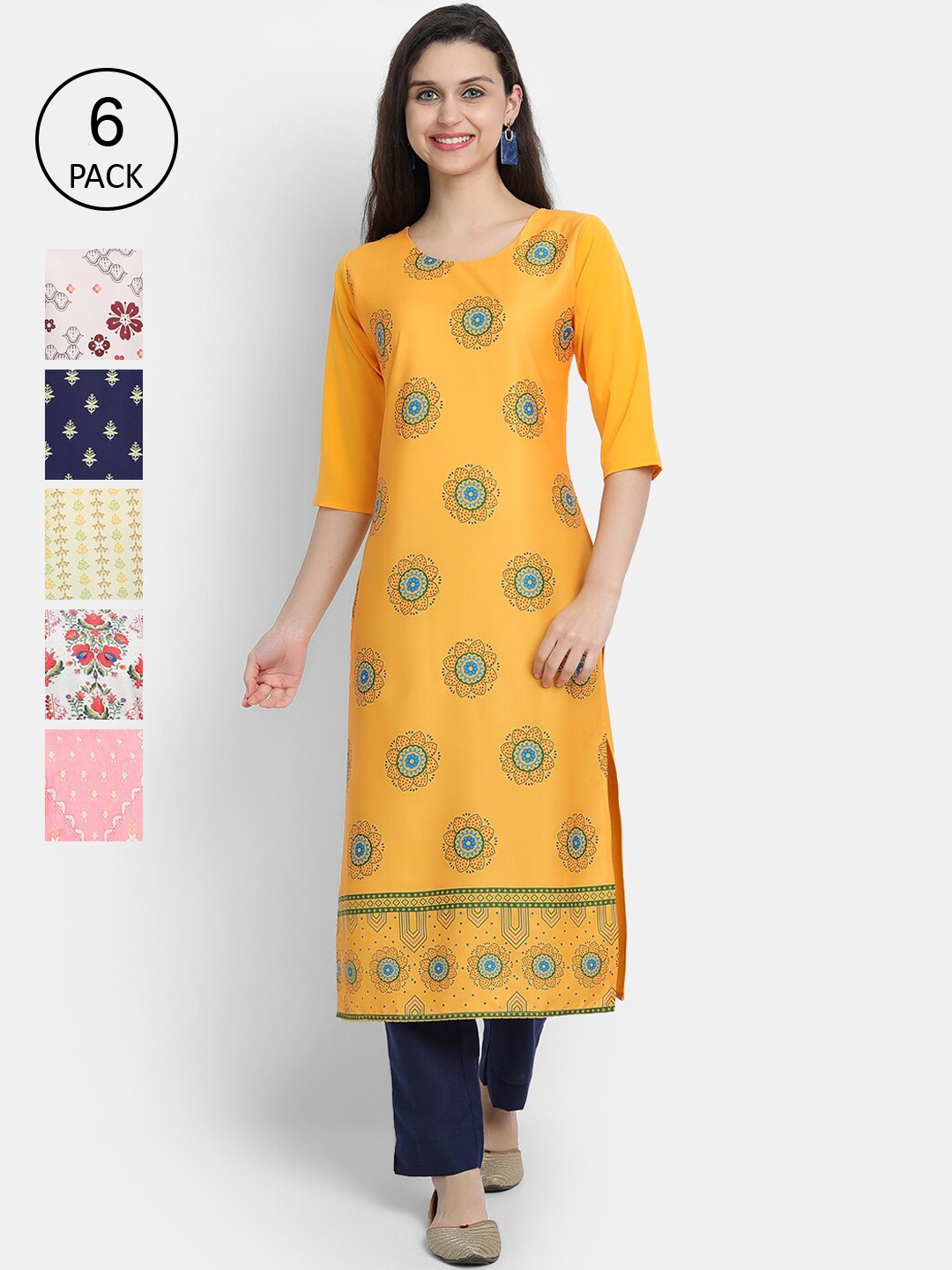 

7Threads Women Pack of 6 Printed Crepe Kurtas, Yellow