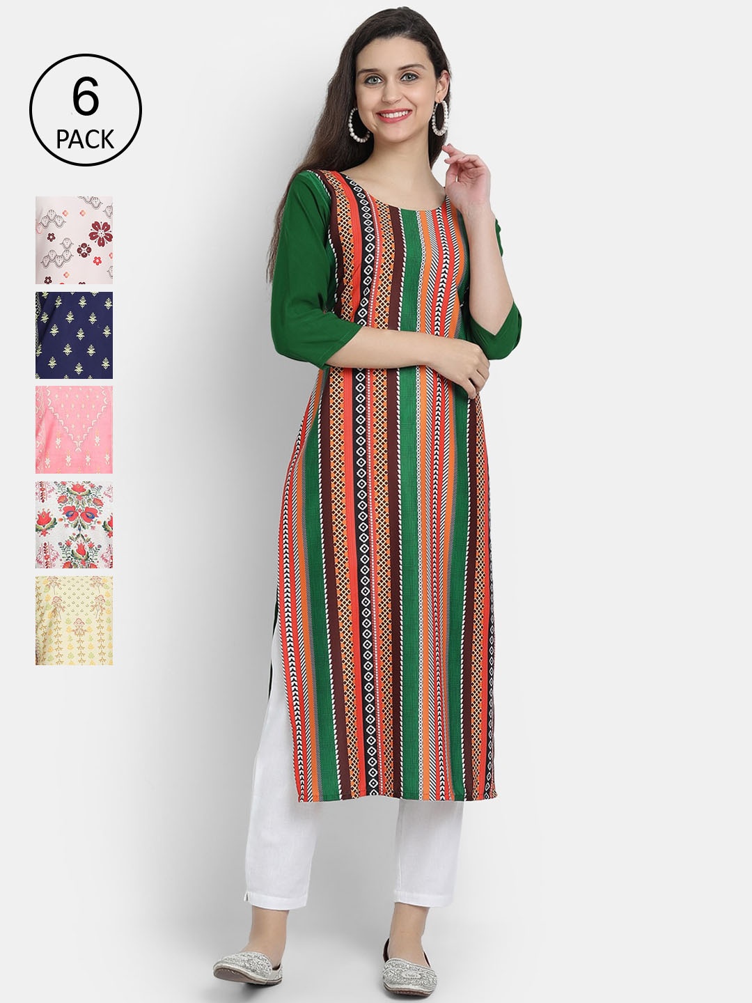 

7Threads Women Multicoloured Striped Flared Sleeves Crepe Kurta, Multi