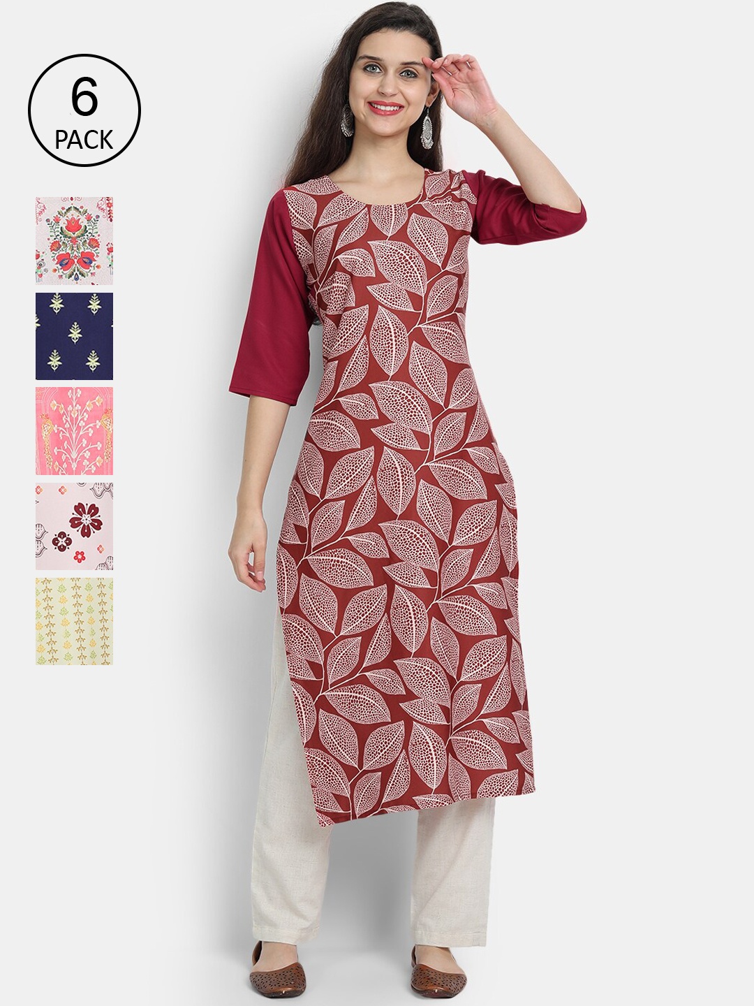 

7Threads Women Pack Of 6 Floral Printed Crepe Kurta, Multi