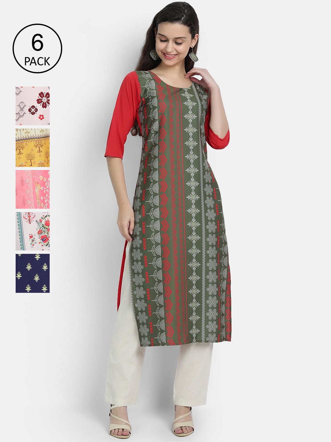 

7Threads Women Pack of 6 Ethnic Motifs Printed Crepe Kurta, Multi
