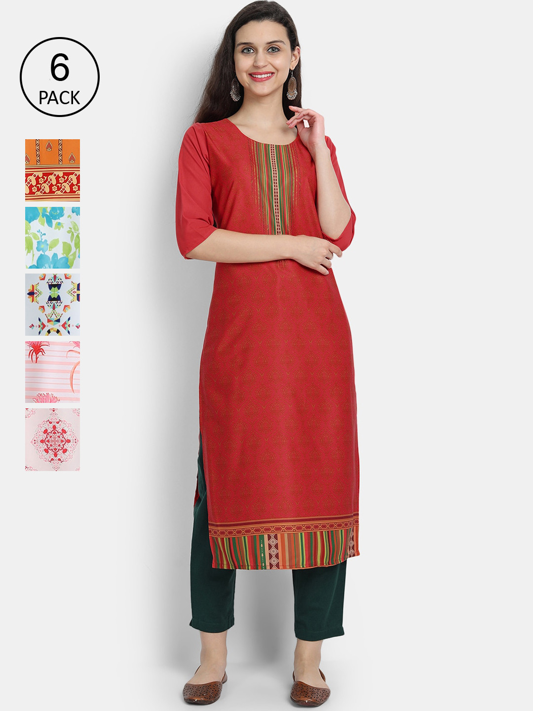 

7Threads Women Pack of 6 Printed Crepe Kurtas, Red