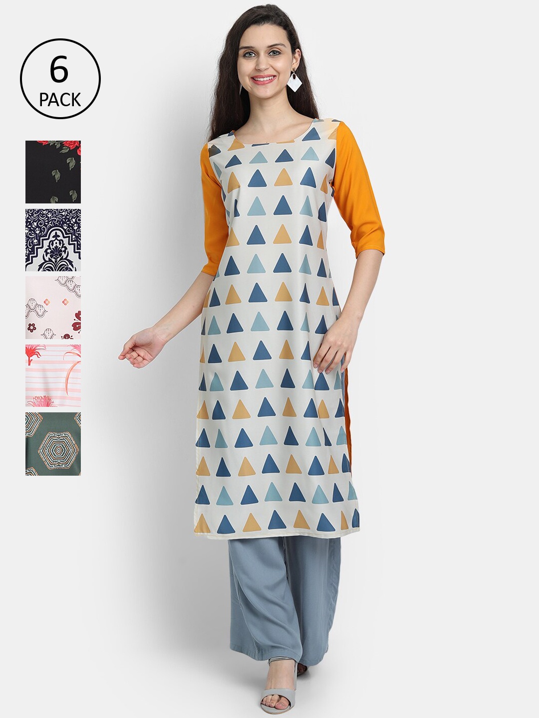 

7Threads Woman Pack of 6 Multicoloured Quirky Printed Crepe Kurta, Multi