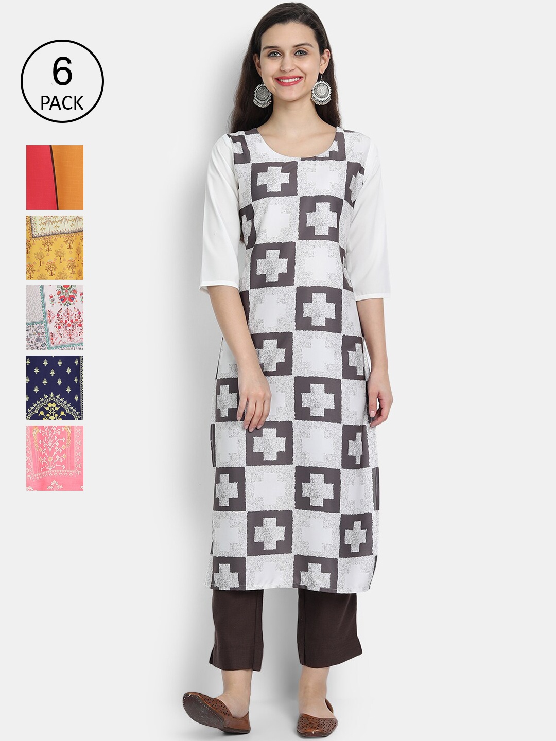 

7Threads Women Pack Of 6 Printed Crepe Kurtas, White