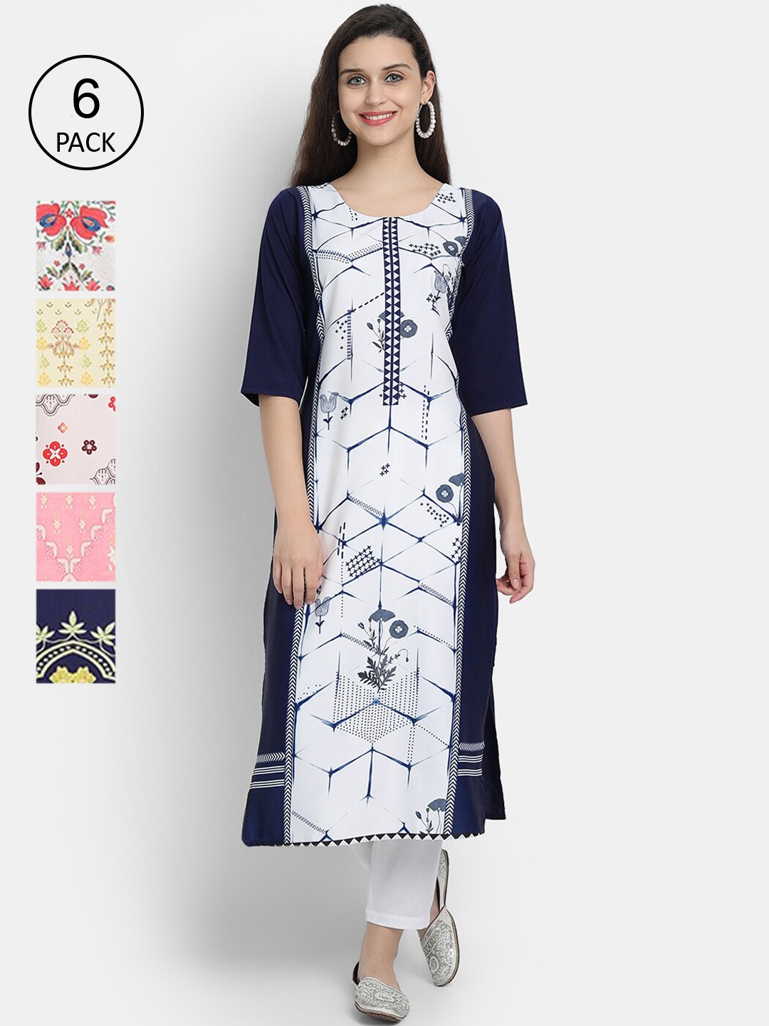 

7Threads Women Pack of 6 Geometric Printed Crepe Kurta, Multi