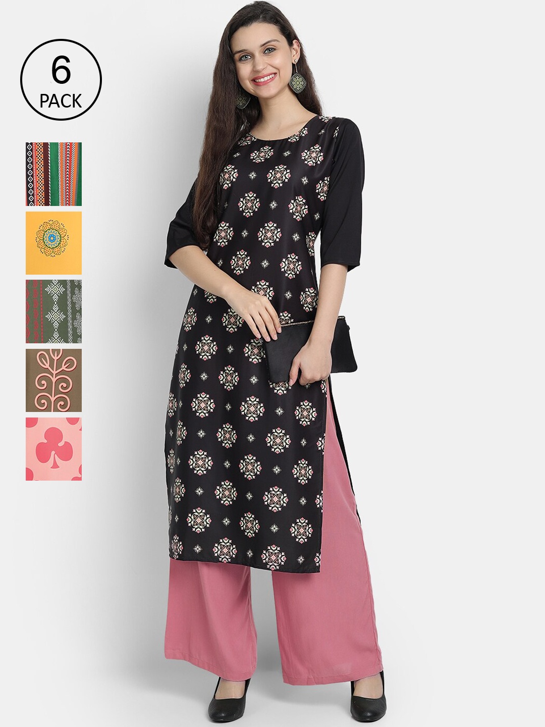 

7Threads Women Multicoloured Pack Of 6 Crepe Kurta, Multi