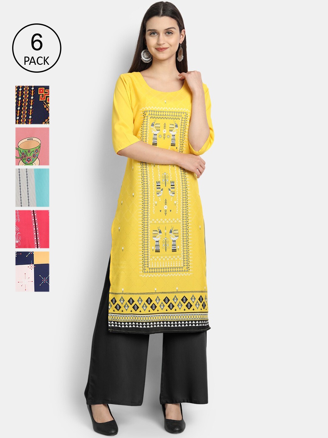 

7Threads Women Pack of 6 Printed Crepe Kurtas, Yellow