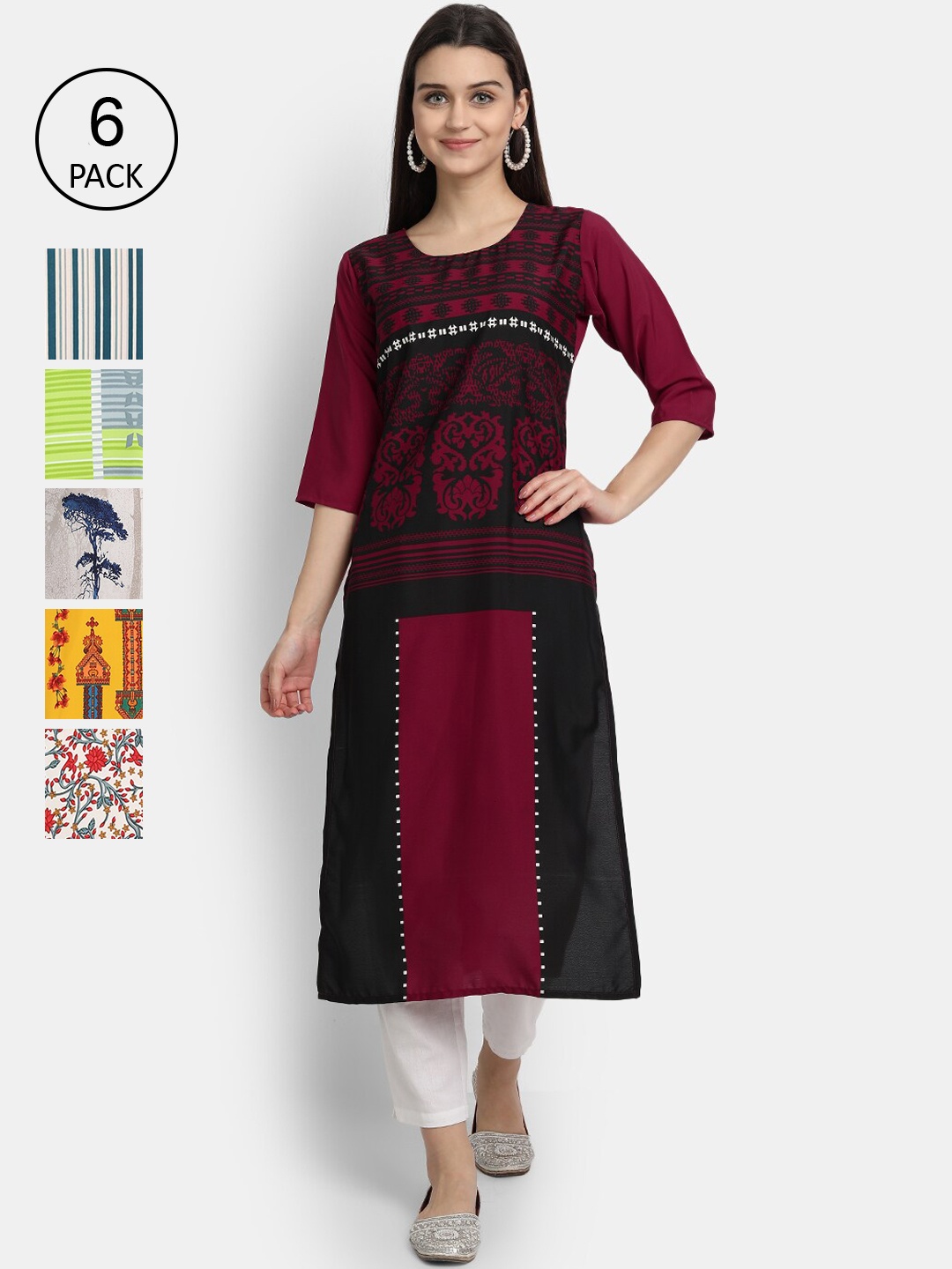 

7Threads Women Pack Of 6 Ethnic Motifs Printed Crepe Kurta, Multi