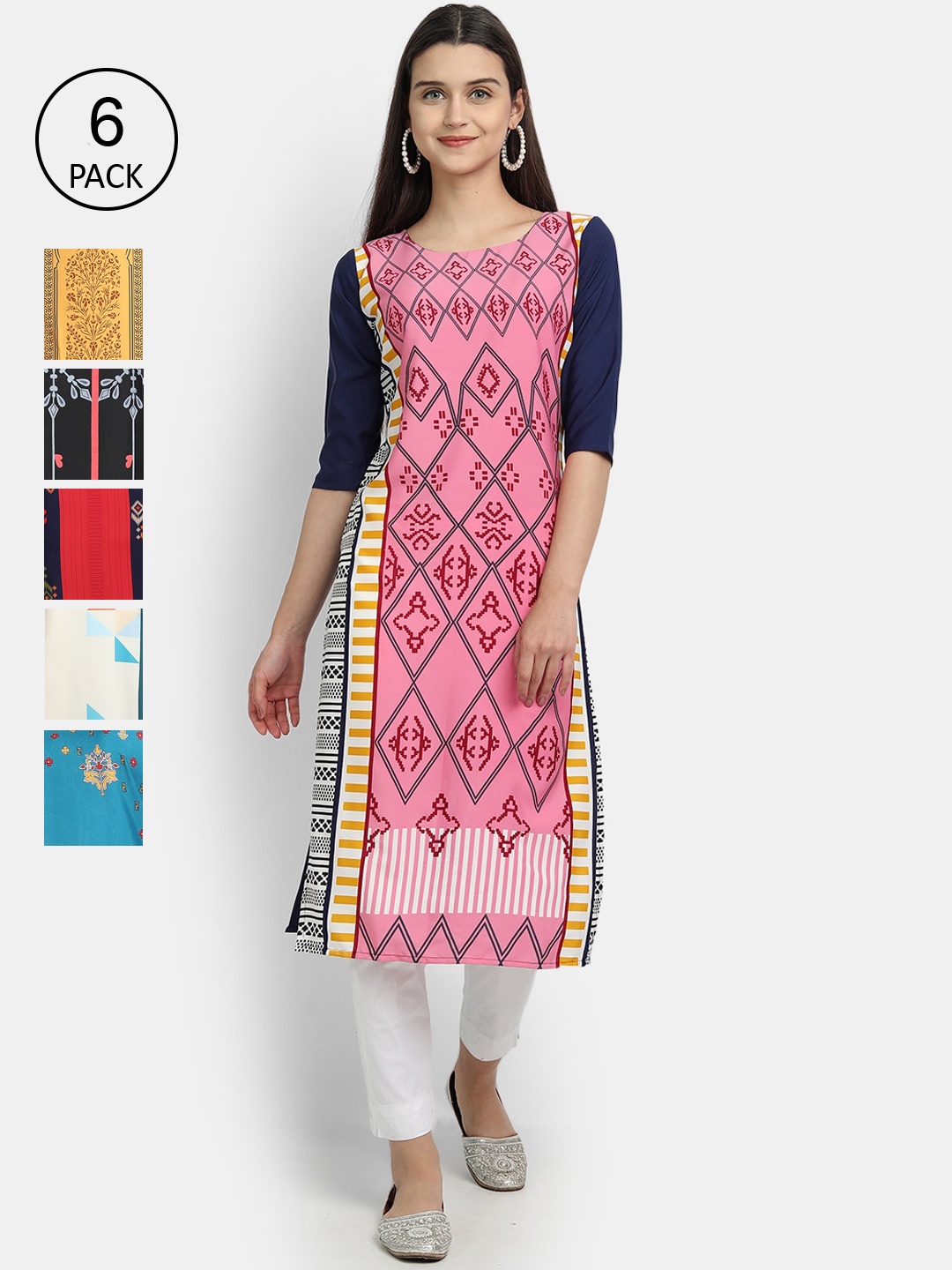

7Threads Women Pack Of 6 Printed Crepe Kurtas, Pink