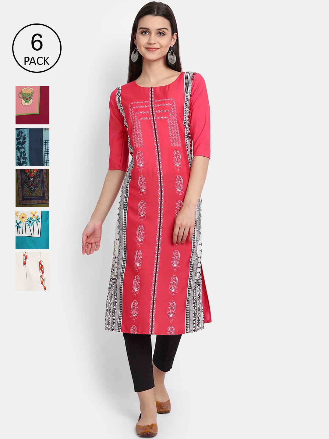 

7Threads Women Pack of 6 Geometric Printed Crepe Kurta, Multi