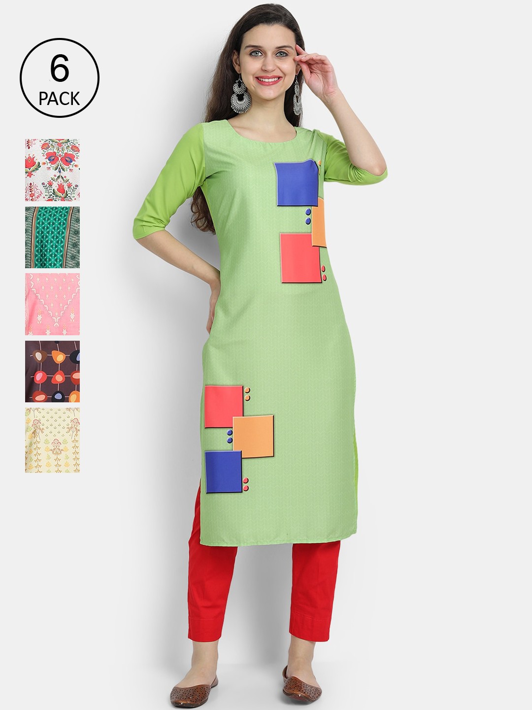 

7Threads Women Set of 6 Multicoloured Colourblocked Crepe Kurta, Multi