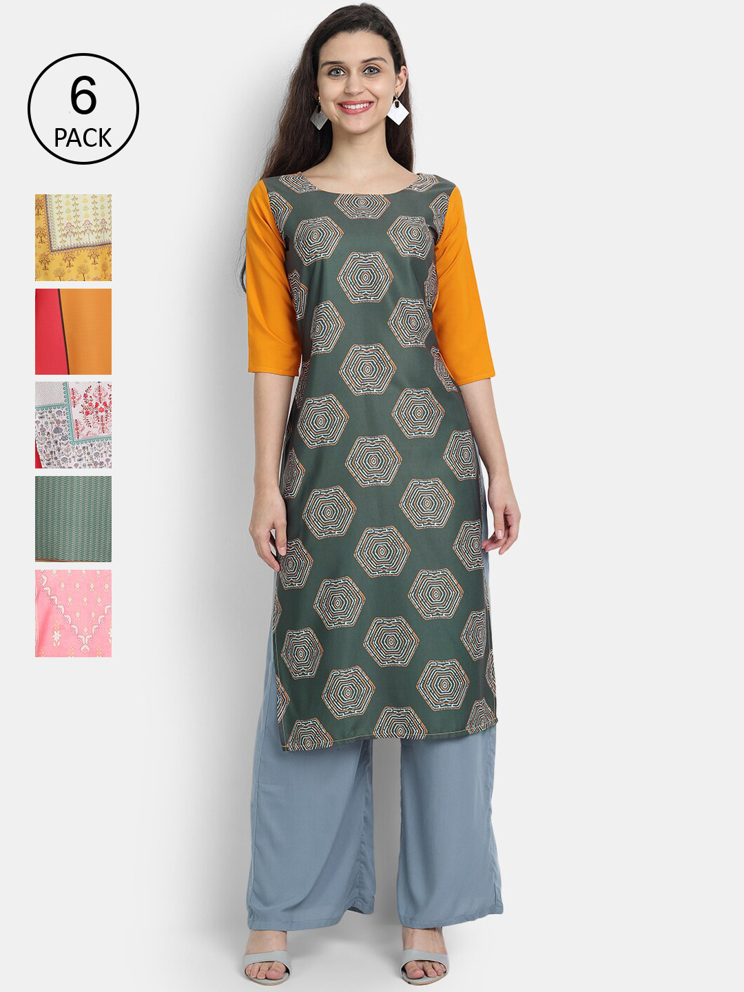 

7Threads Women Multicoloured Pack of 6 Ethnic Motifs Printed Thread Work Crepe Kurta, Multi