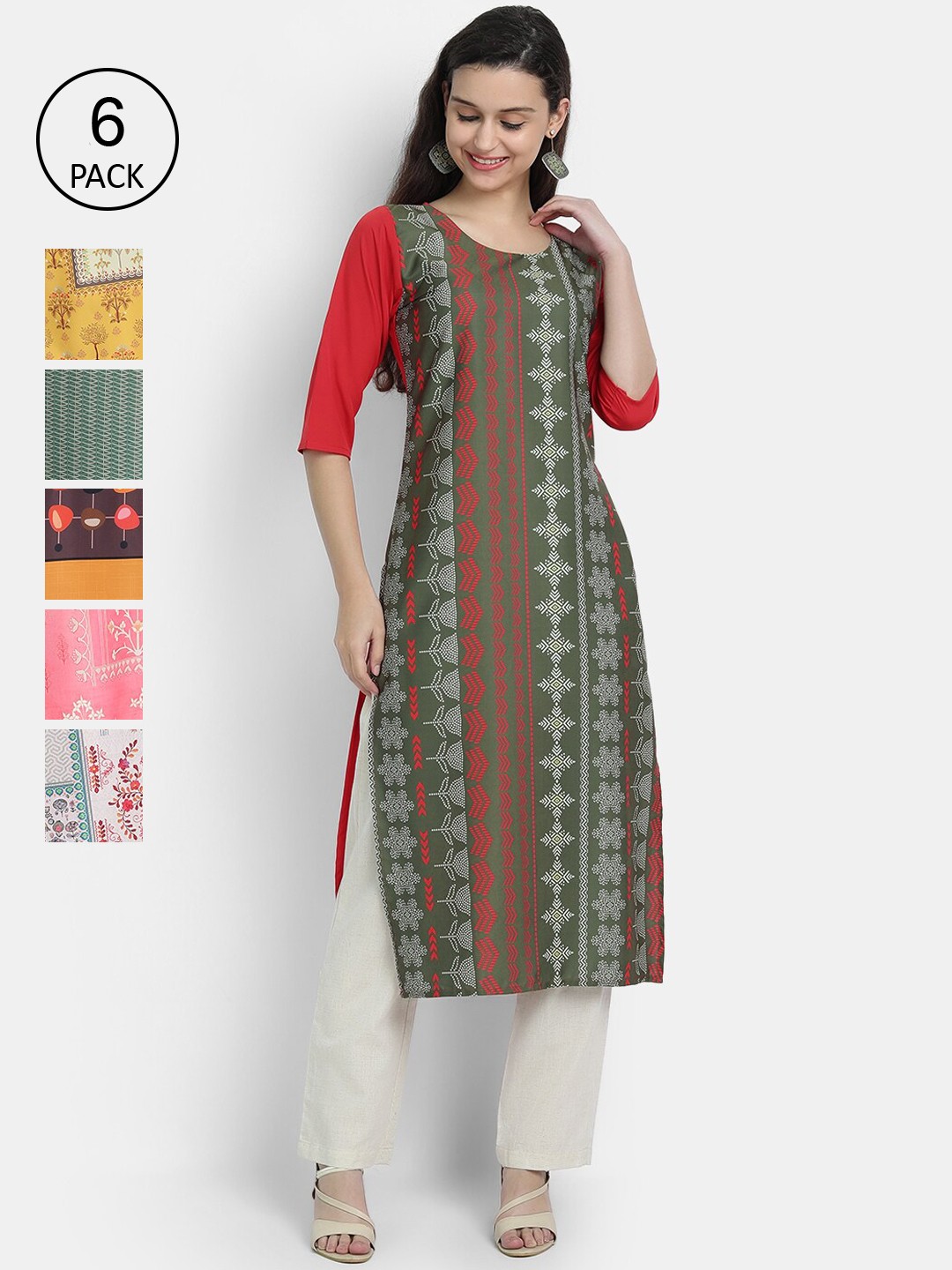 

7Threads Women Pack of 6 Ethnic Motifs Printed Crepe Kurta, Multi