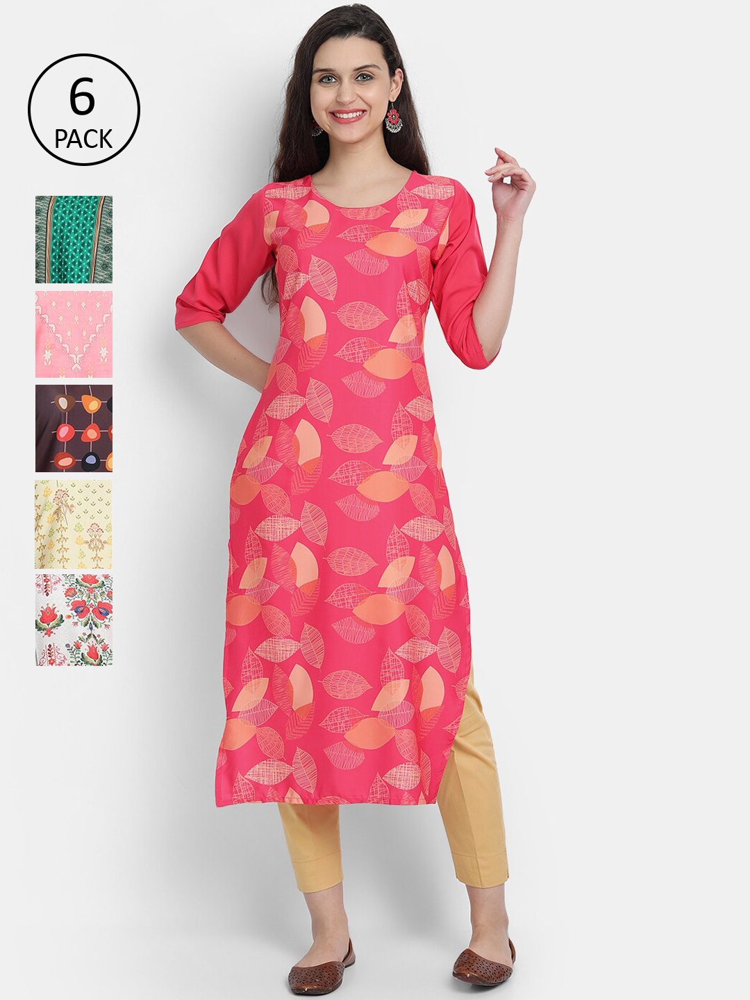 

7Threads Women Pack Of 6 Printed Crepe Kurtas, Pink