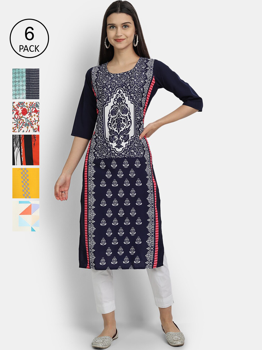 

7Threads Women Pack of 6 Ethnic Motifs Printed Crepe Kurta, Multi