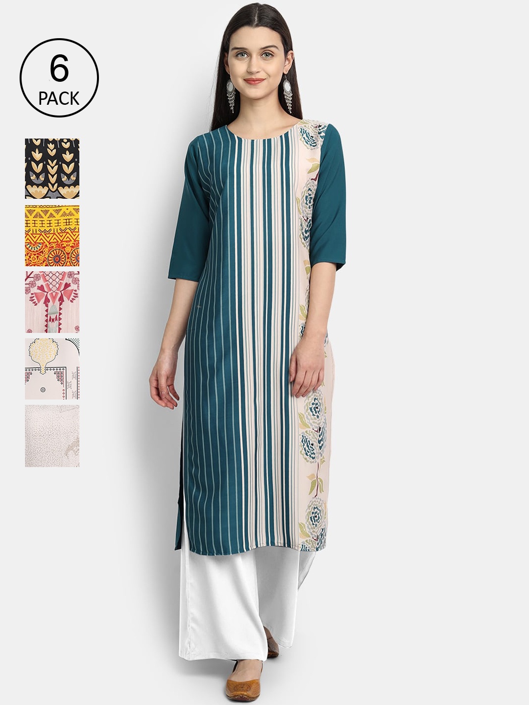 

7Threads Women Pack Of 6 Printed Crepe Kurtas, Yellow