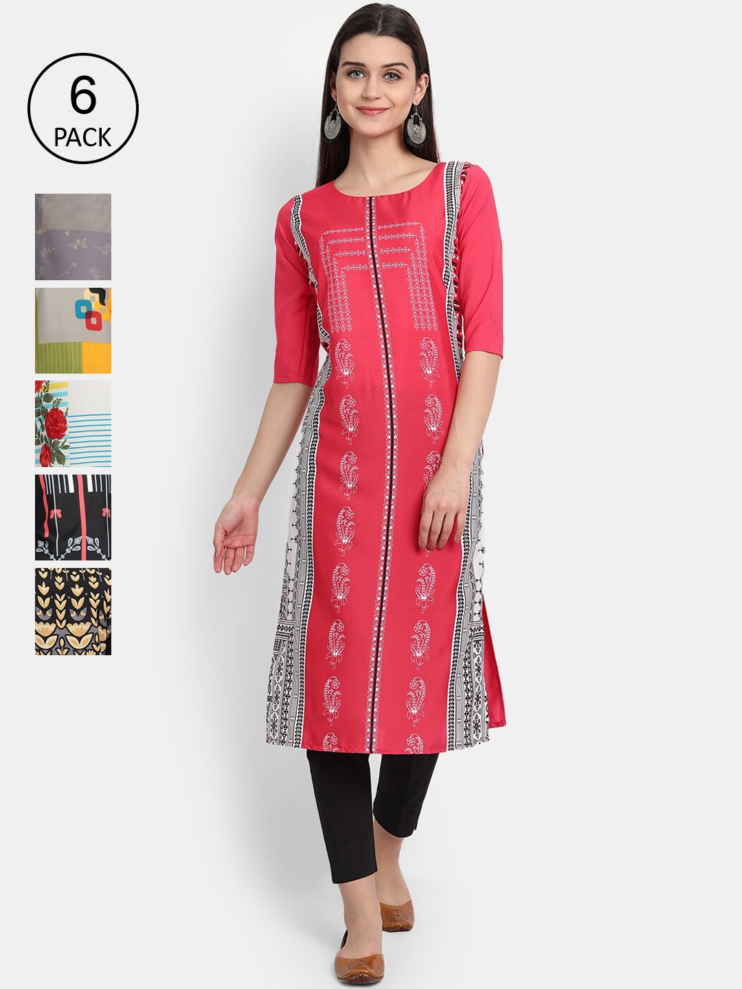 

7Threads Women Pack Of 6 Ethnic Motifs Printed Crepe Kurta, Multi