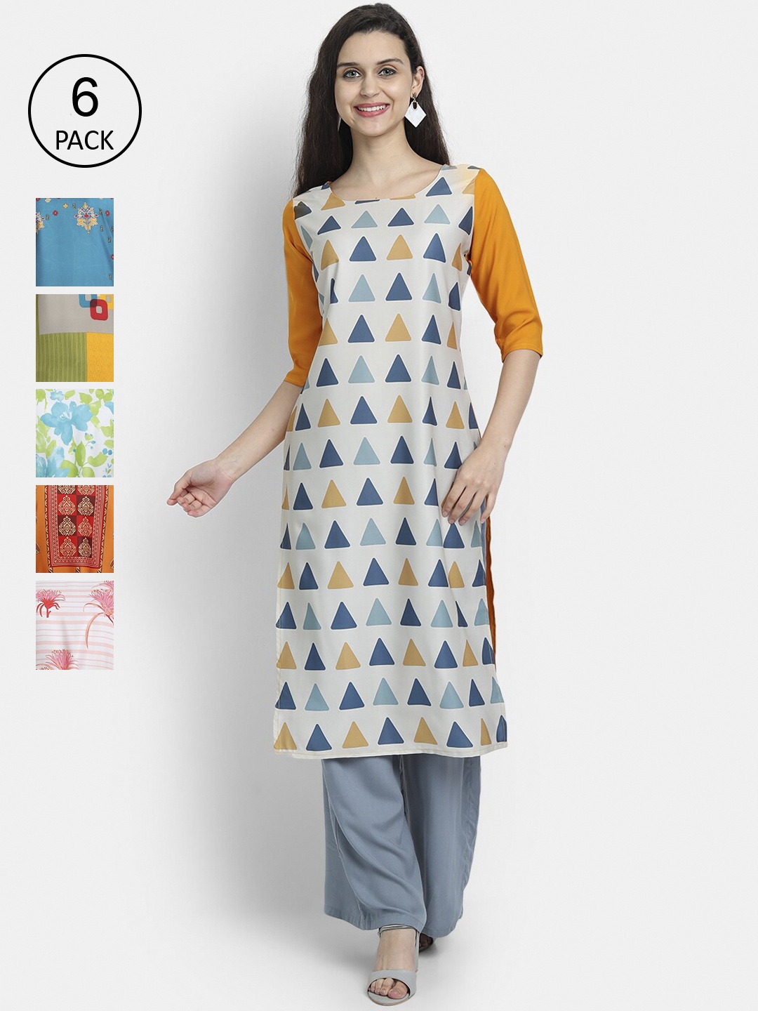 

7Threads Woman Pack of 6 Multicoloured Geometric Printed Crepe Kurta, Multi