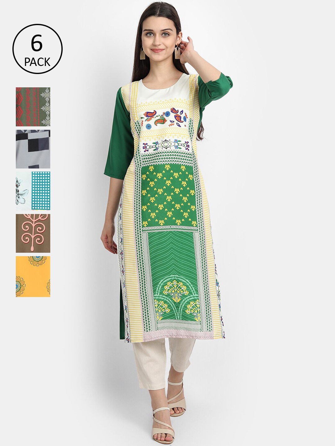 

7Threads Women Pack Of 6 Printed Crepe Kurtas, Green