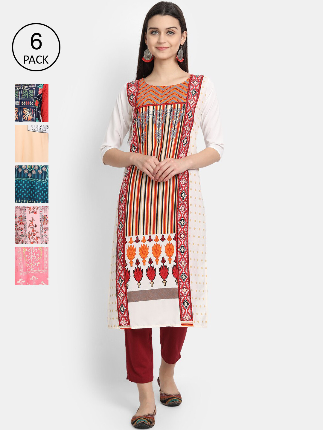 

7Threads Women Pack of 6 Printed Crepe Kurtas, Red