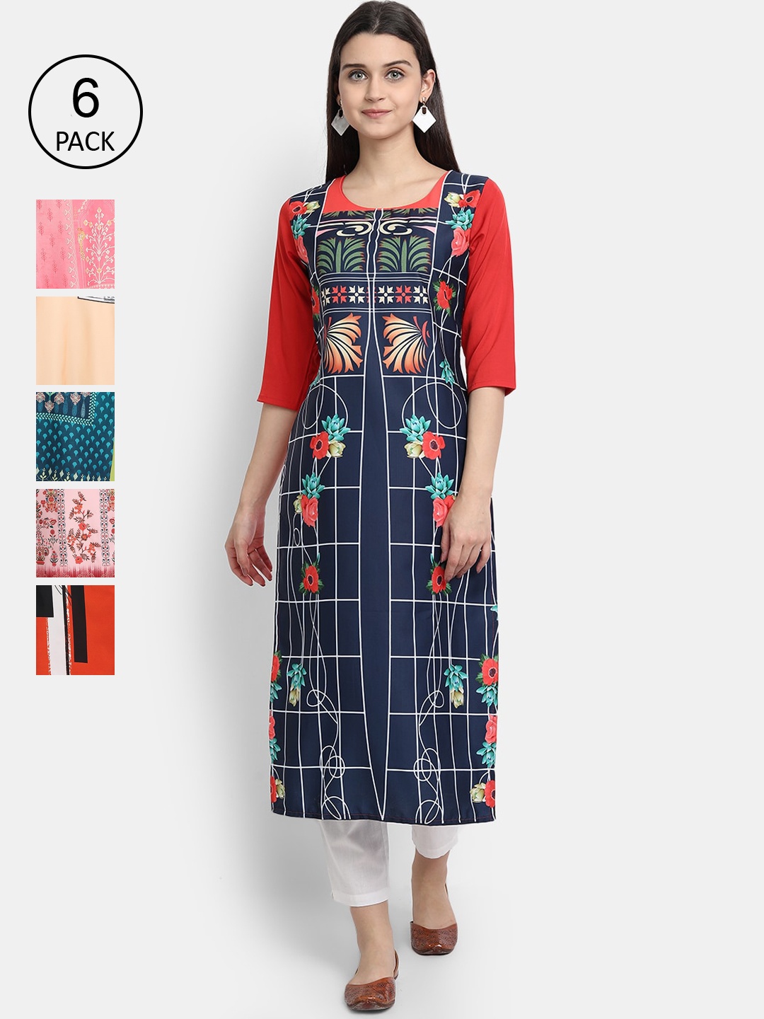 

7Threads Women Pack of 6 Geometric Printed Crepe Kurta, Multi