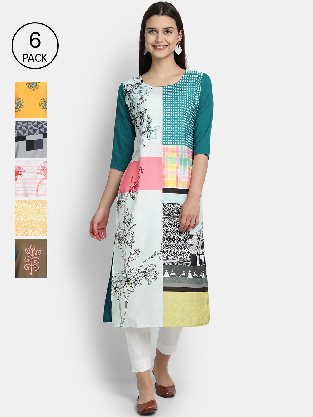 

7Threads Women Pack Of 6 Printed Crepe Kurtas, Multi