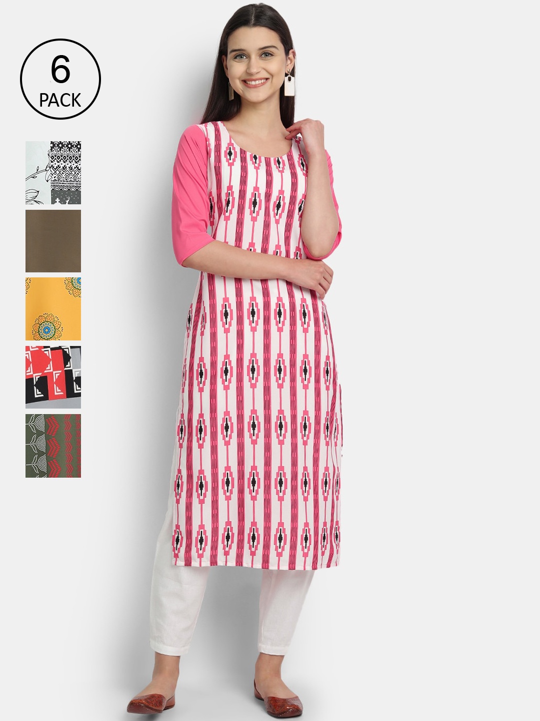 

7Threads Women Pack Of 6 Ethnic Motifs Printed Crepe Kurta, Multi