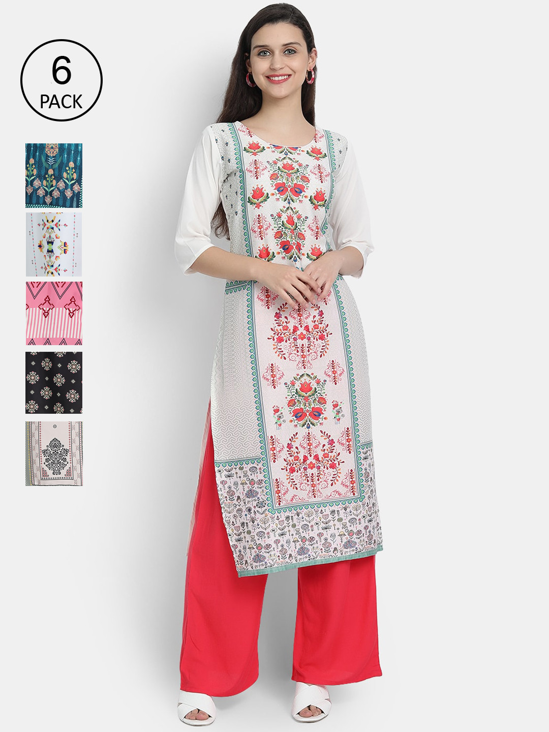 

7Threads Women Pack of 6 Geometric Printed Crepe Kurta, Multi