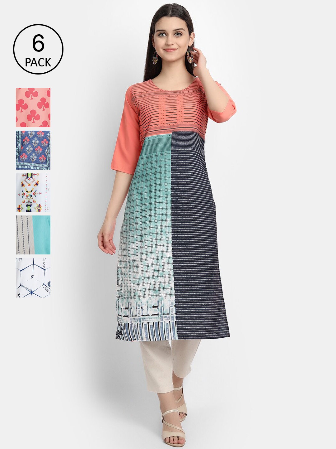 

7Threads Women Pack Of 6 Printed Crepe Kurtas, Multi