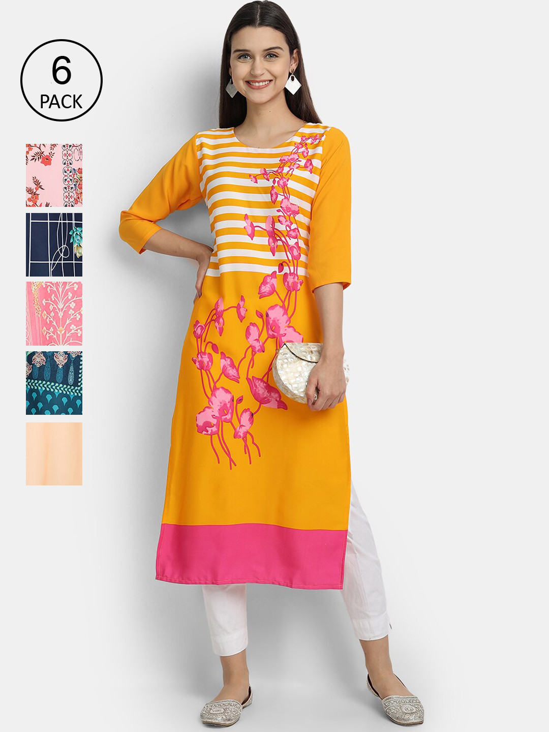 

7Threads Women Pack of 6 Ethnic Motifs Printed Crepe Kurta, Multi