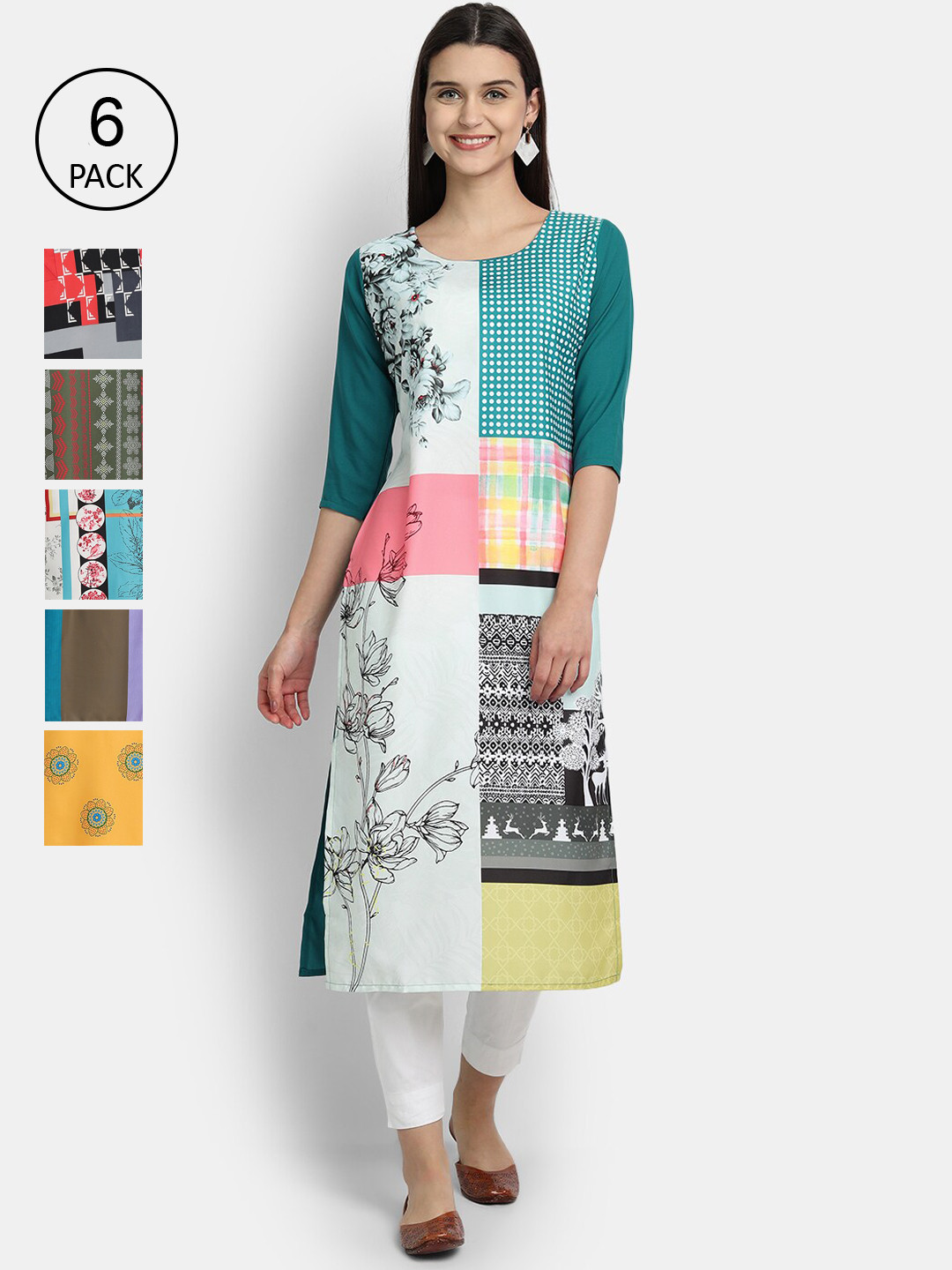 

7Threads Women Pack of 6 Ethnic Motifs Printed Crepe Kurta, Multi