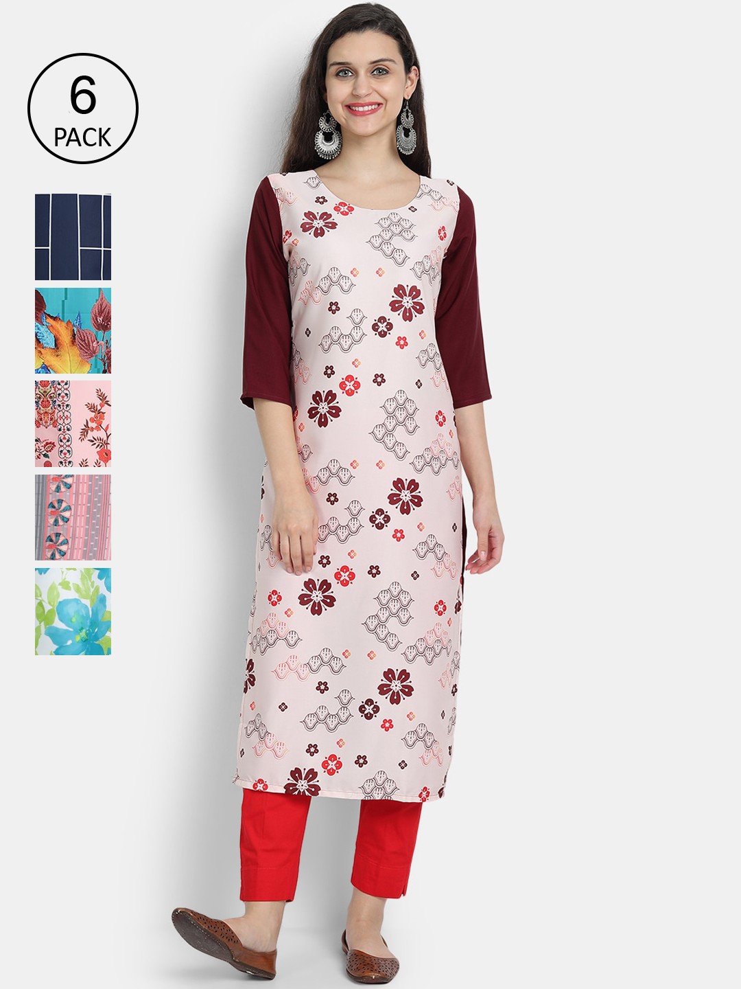 

7Threads Women Pack Of 6 Floral Printed Crepe Kurta, Pink