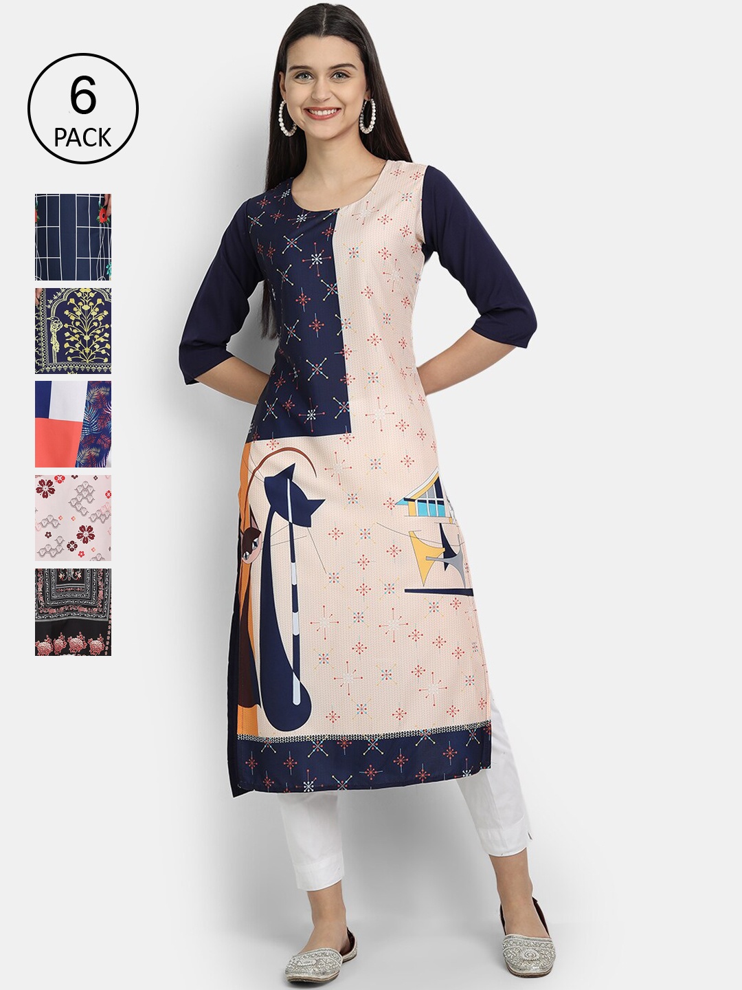 

7Threads Women Pack Of 6 Floral Printed Crepe Kurta, Multi