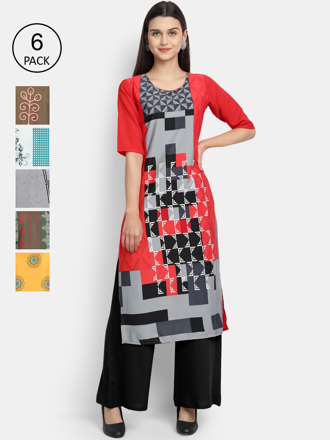 

7Threads Women Pack Of 6 Digital Printed Crepe Kurtas, Grey
