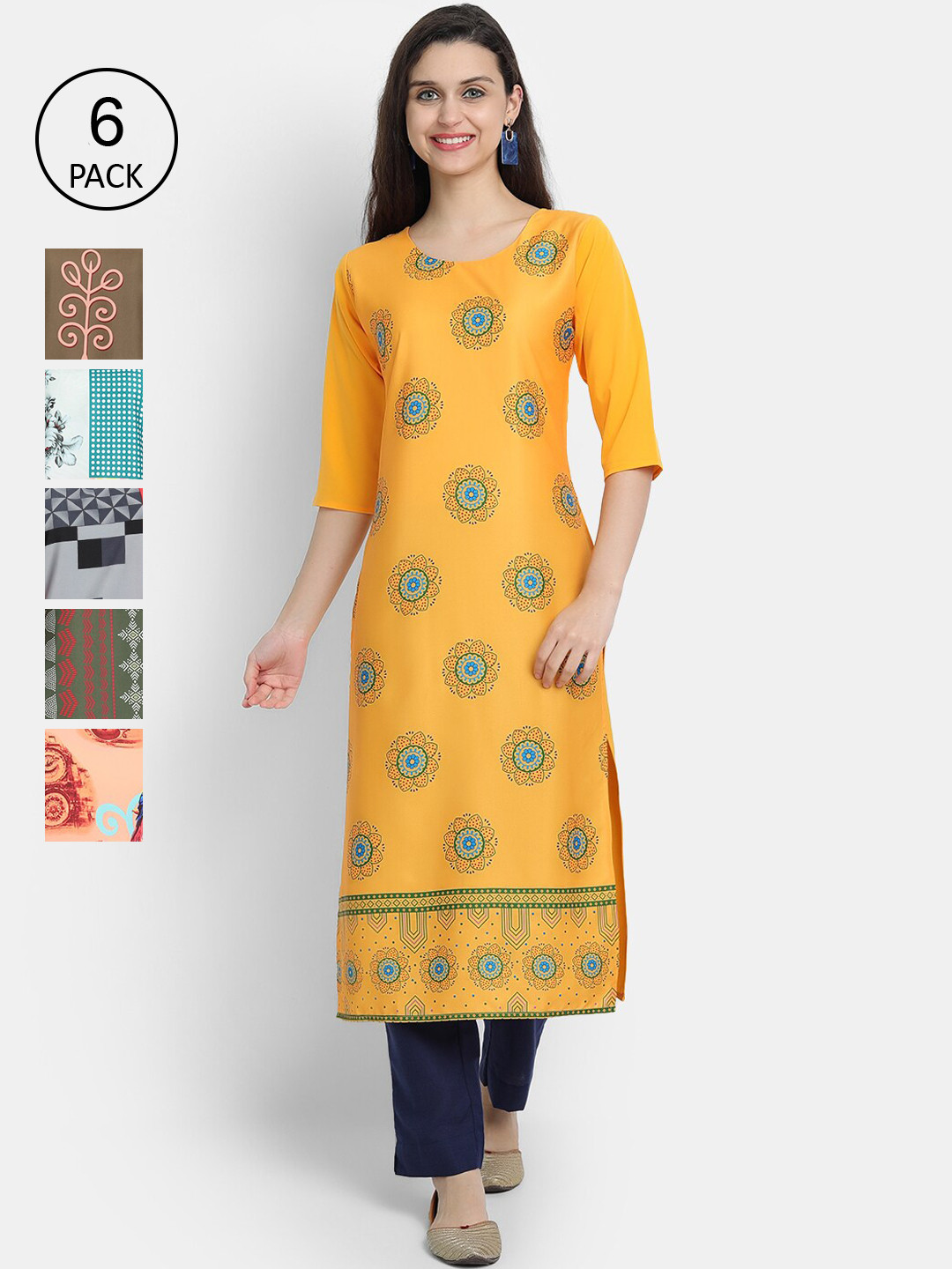 

7Threads Women Pack Of 6 Floral Printed Crepe Kurta, Multi