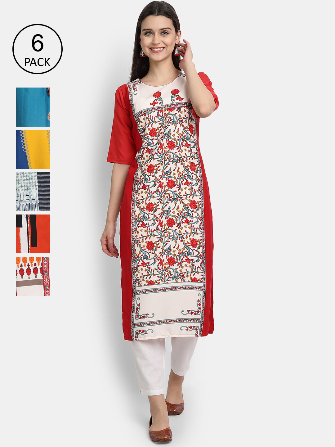 

7Threads Women Pack Of 3 Printed Crepe Kurtas, Blue