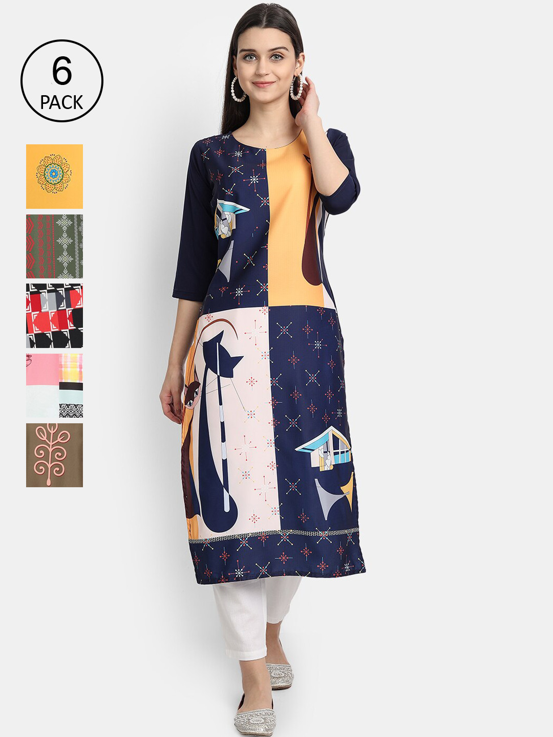 

7Threads Women Pack of 6 Digital Printed Straight Crepe Kurtas, Multi