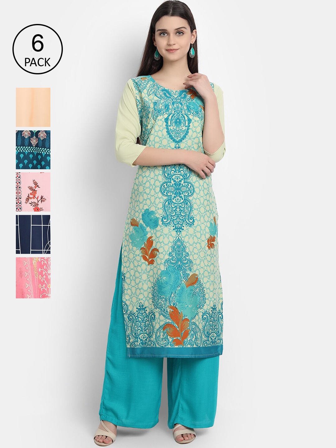 

7Threads Women Pack Of 6 Digital Printed Crepe Kurtas, Green