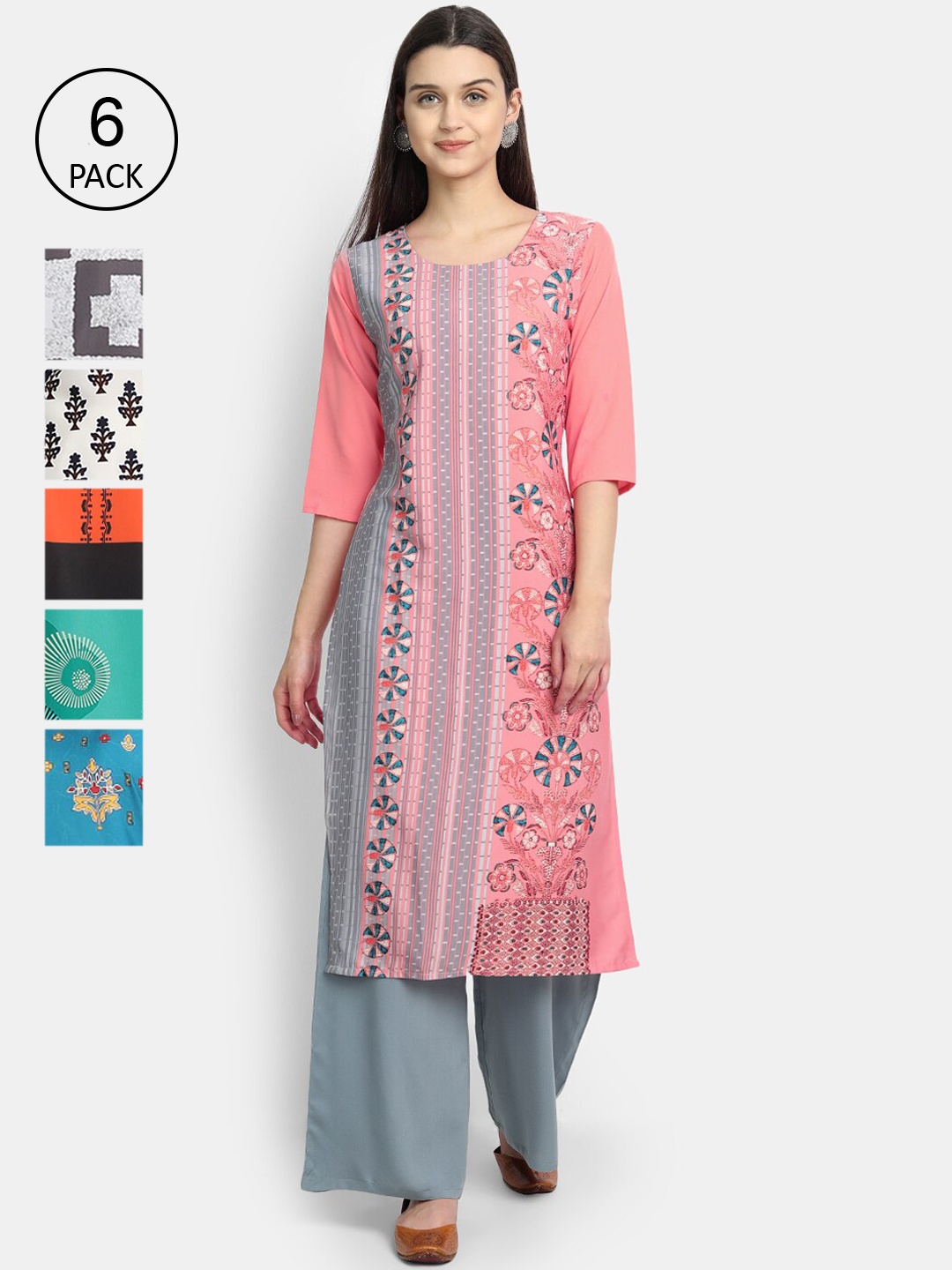 

7Threads Women Pack Of 6 Crepe Kurtas, Pink