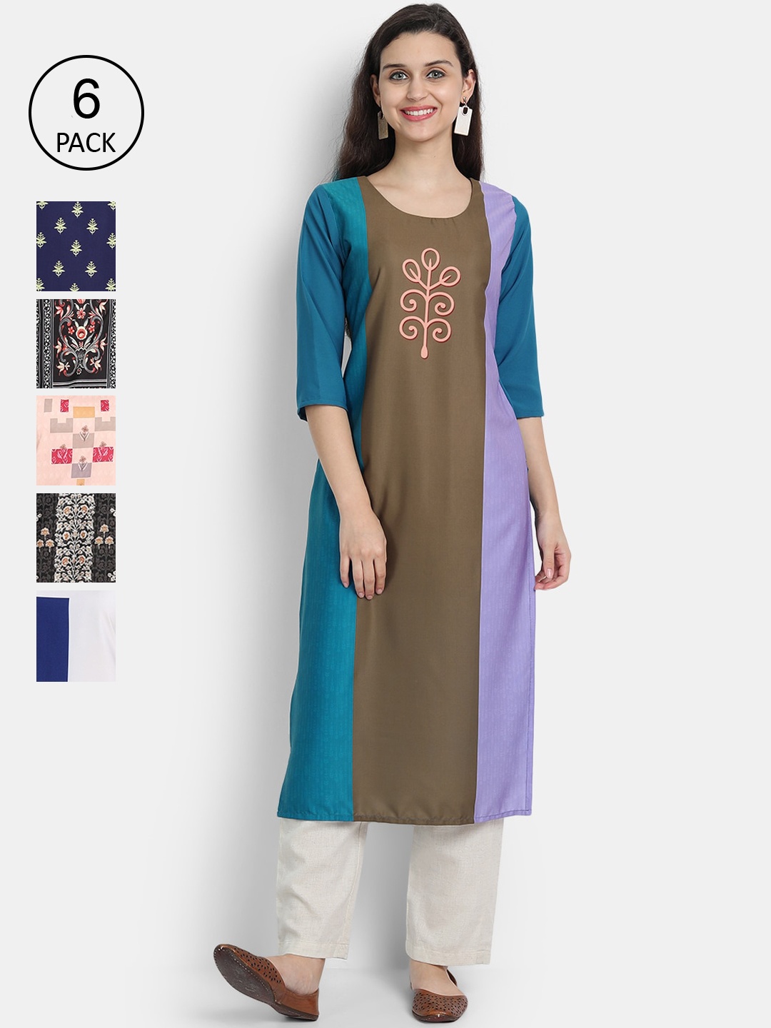

7Threads Women Pack of 6 Ethnic Motifs Printed Crepe Kurta, Multi