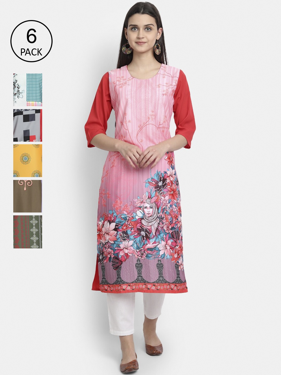 

7Threads Women Pack Of 6 Crepe Kurtas, Pink