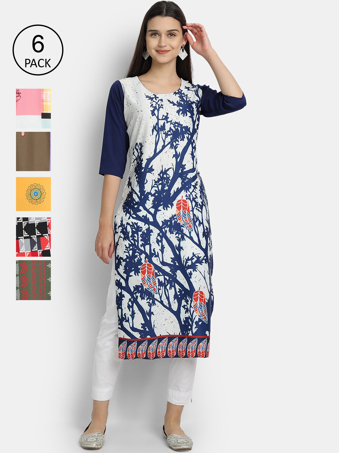 

7Threads Women Pack Of 6 Printed Crepe Kurtas, White