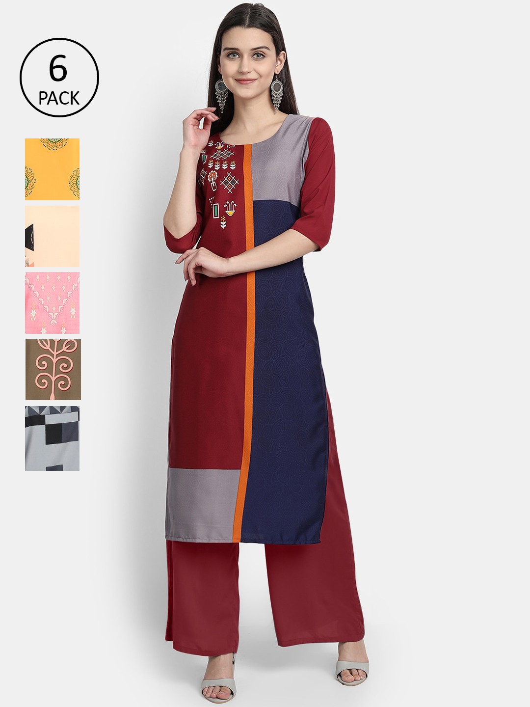 

7Threads Women Pack Of 6 Printed Crepe Kurtas, Maroon