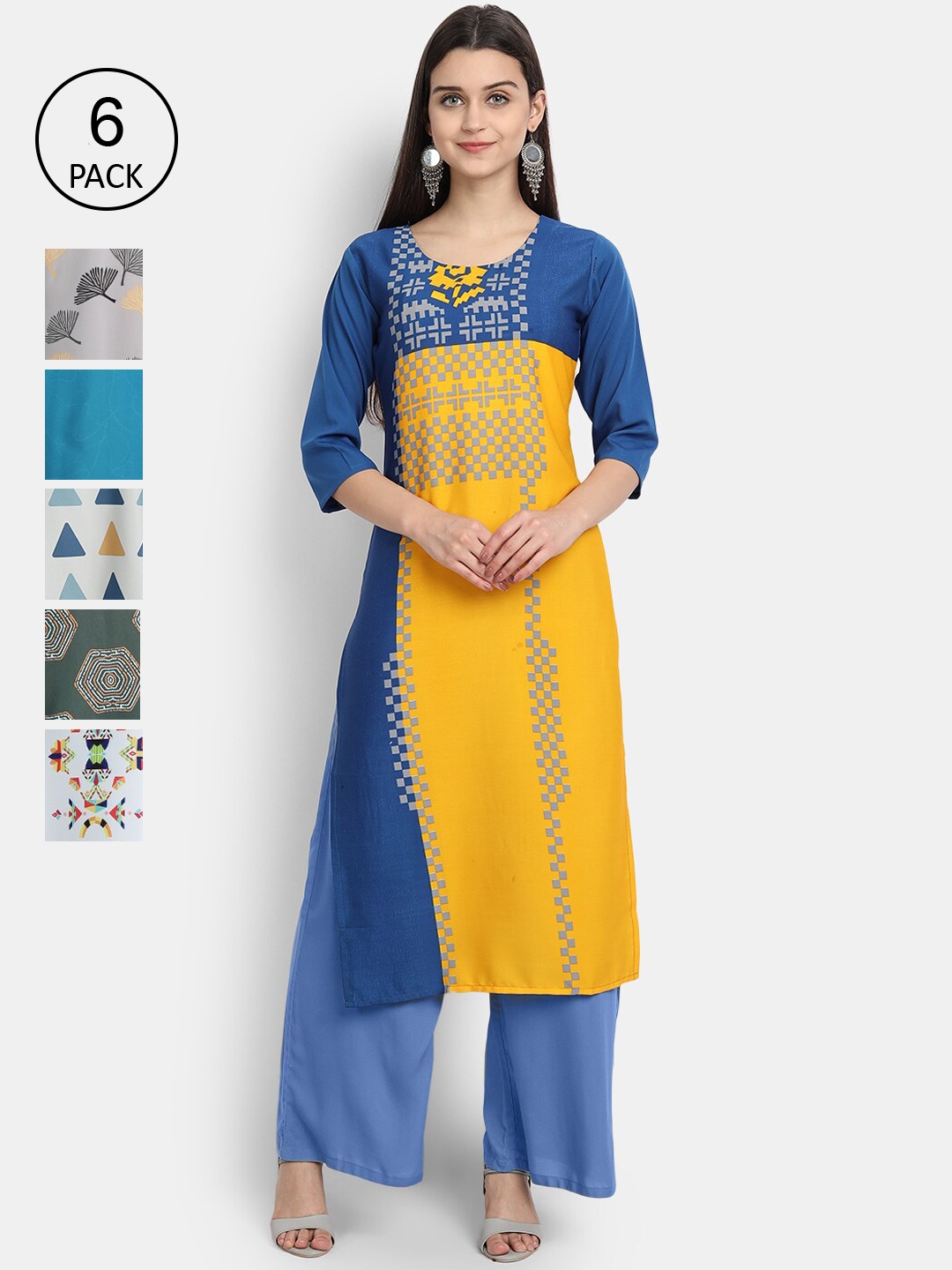 

7Threads Women Pack Of 6 Ethnic Motifs Printed Crepe Kurta, Multi