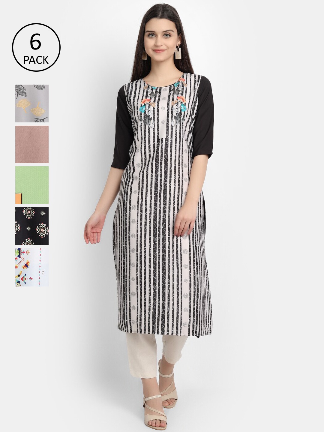 

7Threads Women Multicoloured Striped Thread Work Crepe Kurta, Multi