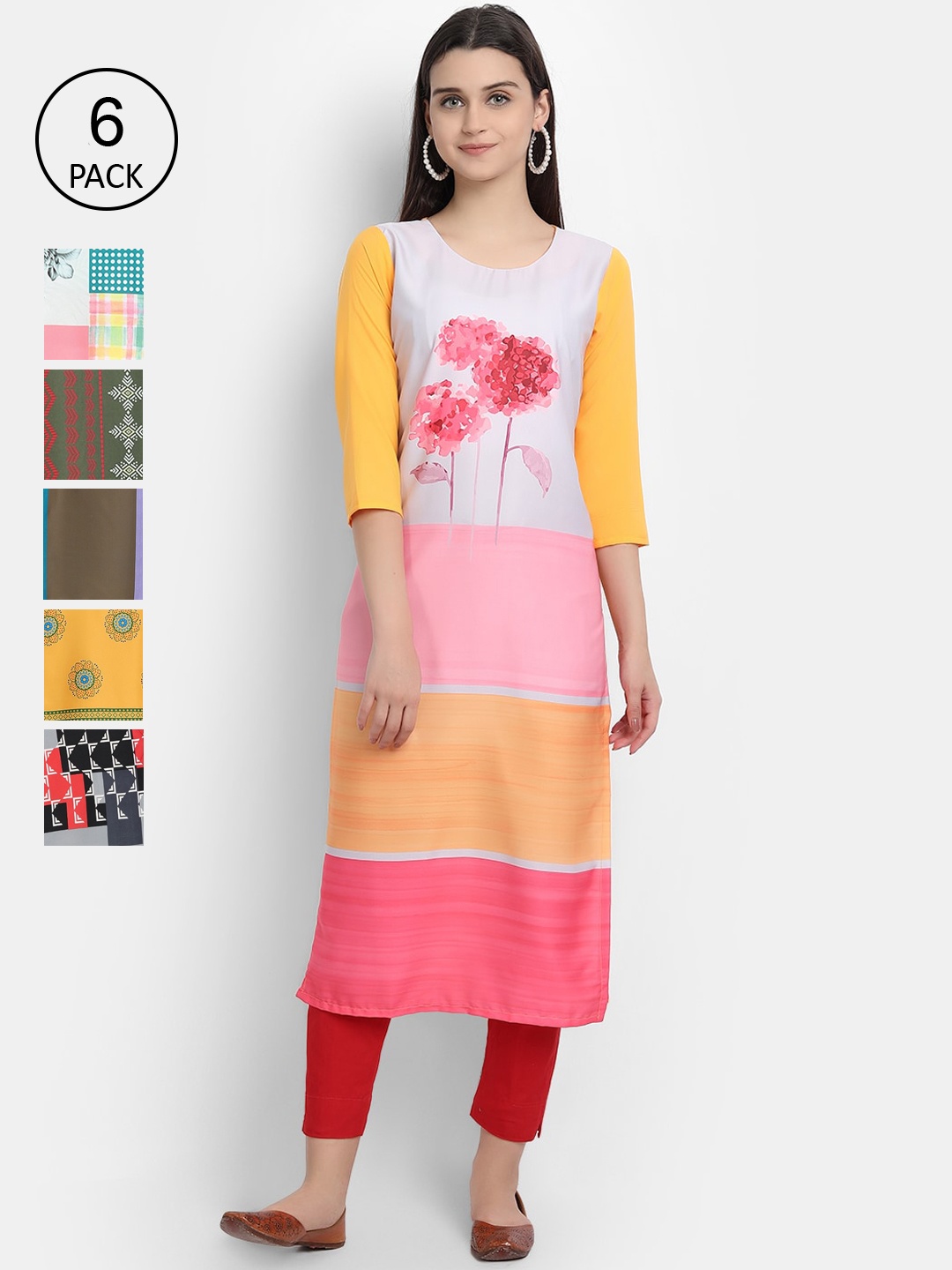 

7Threads Women Pack of 6 Printed Crepe Kurtas, Green