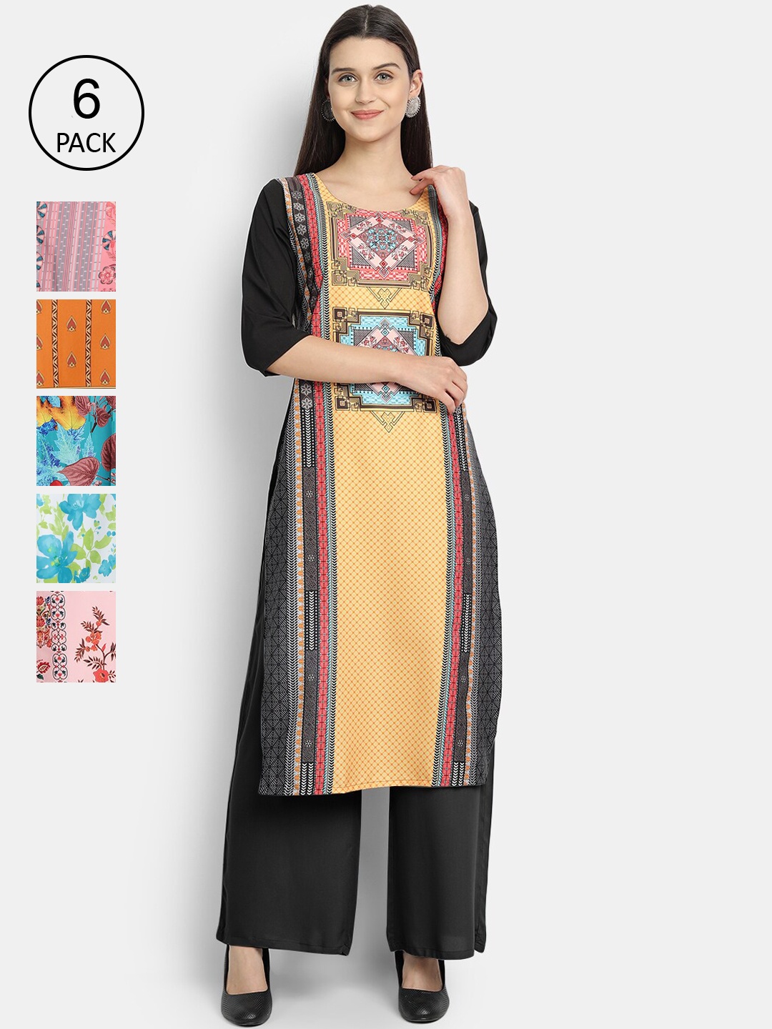 

7Threads Women Pack Of 6 Printed Crepe Kurtas, Blue