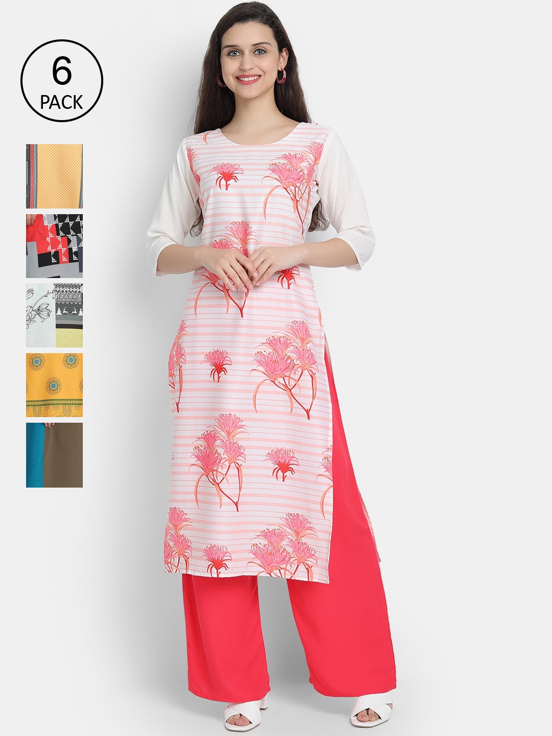 

7Threads Women Pack of 6 Digital Printed Straight Crepe Kurtas, Multi
