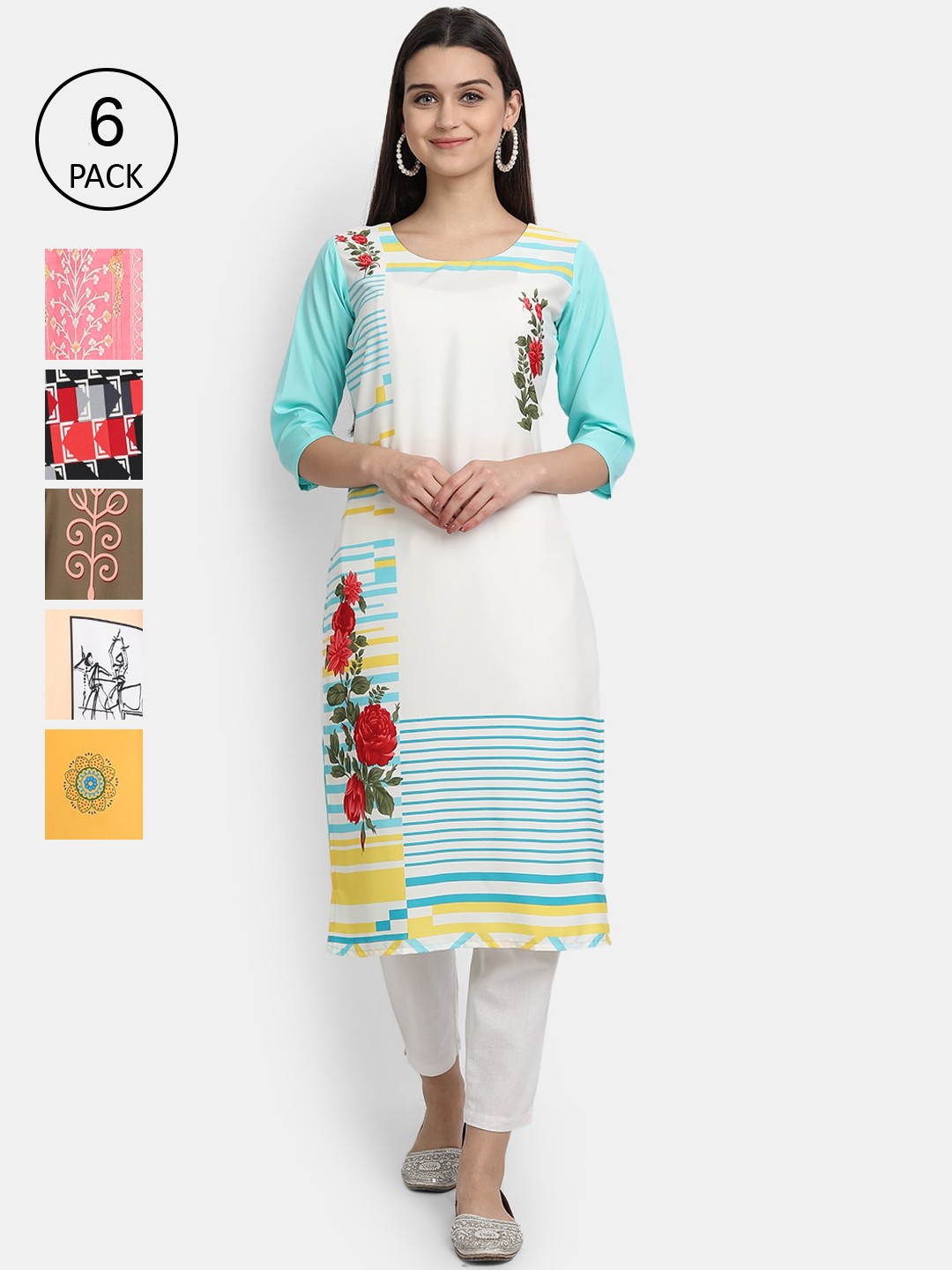 

7Threads Women Pack of 6 Floral Printed Crepe Kurta, Multi